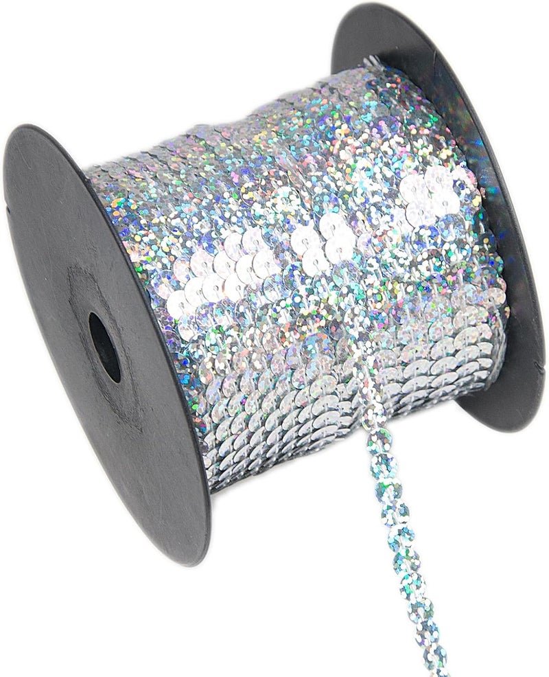 silllule 100 Yards Flat Round Sequin Trim String,6 mm Silver Glitter Sequin Ribbon Metallic Trim Strand for Crafts Sewing Wedding Dress Clothes Party Embellish - Image 1